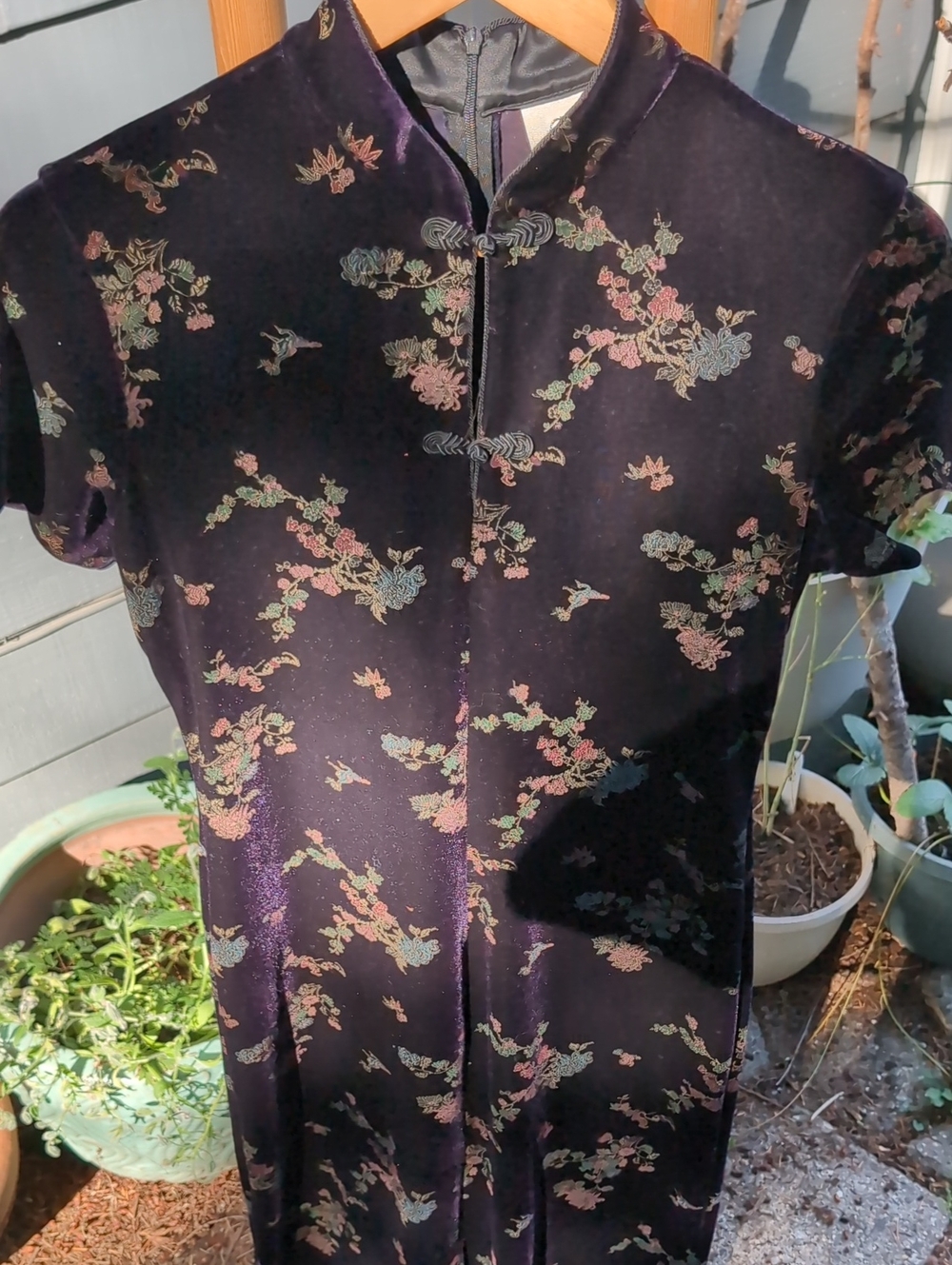 Cache Black Floral Velvet Mandarin Cheongsam-Style Shirt Dress